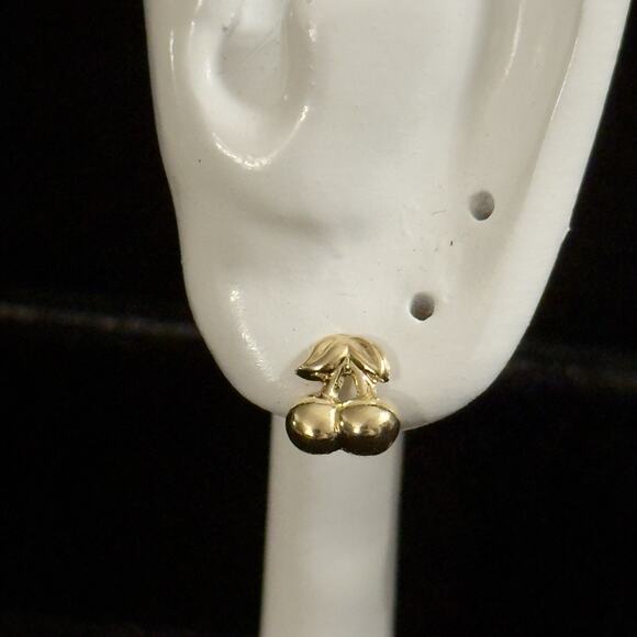 14K Solid Yellow Gold Cherry Stud Rubber Back Earrings~NEW - Picture 5 of 5